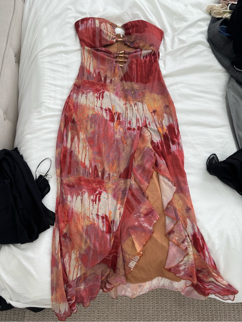 Fashion Nova Strapless Red & Cream Abstract Maxi Dress